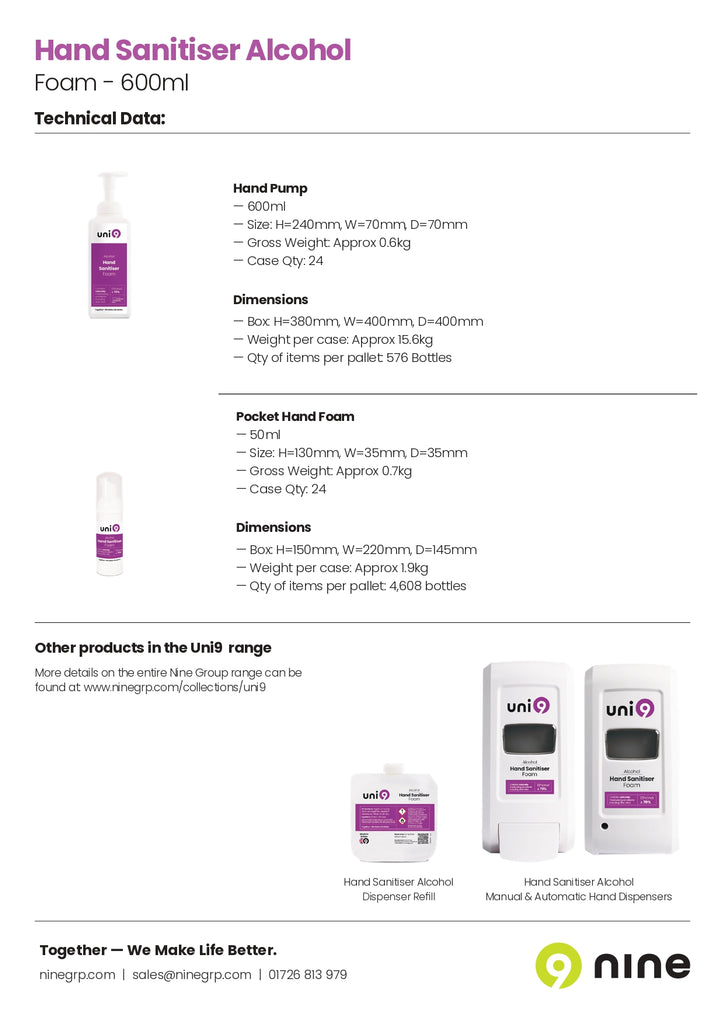19100032 Uni9 Alcohol Sanitiser Pocket Foam 600ml