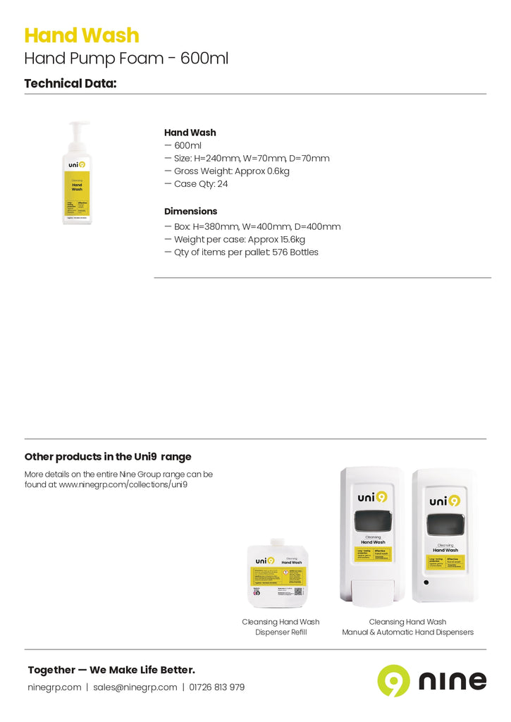 19100044 Uni9 Antibacterial Hand Wash 600ml