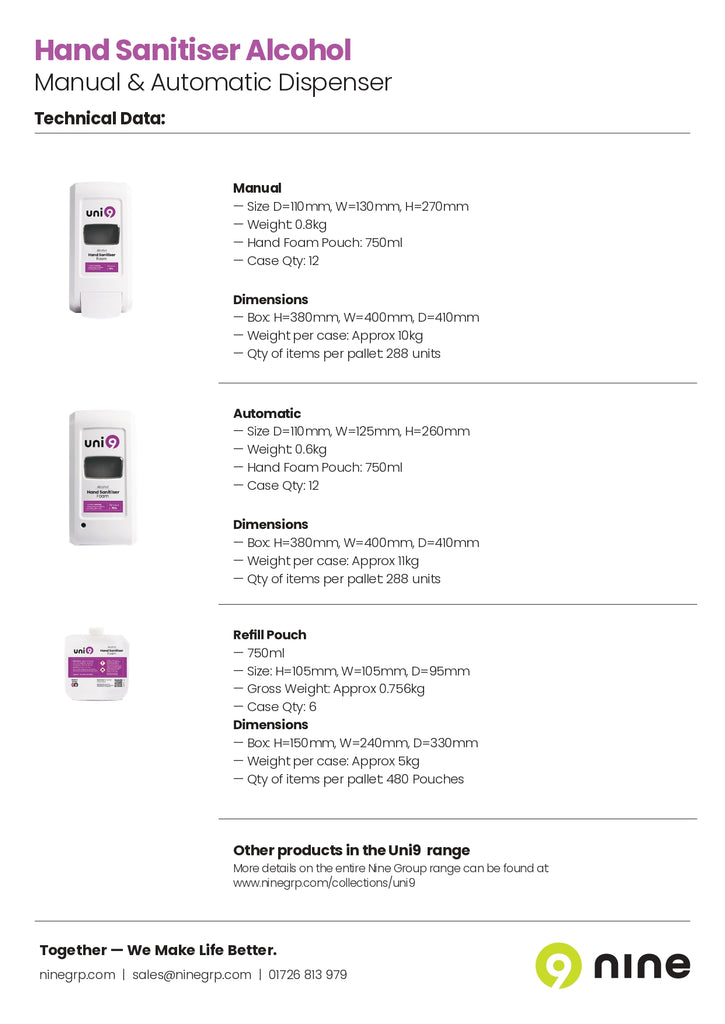 19104030_40 Uni9 Alcohol Hand Sanitiser Man-Auto Dispensers