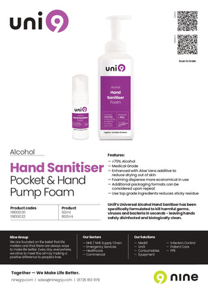 19100030 uni9 Alcohol Sanitiser Pocket Foam 50ml