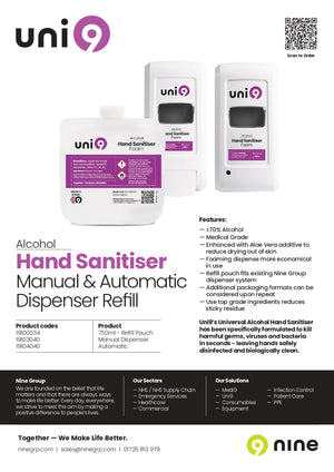 19100034 Uni9 Hand Sanitiser Manual & Automatic Dispenser Refill